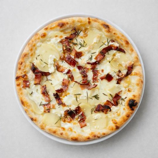 Bacon, Shaved Potatoes, Caramelized Onion & Ricotta Pizza