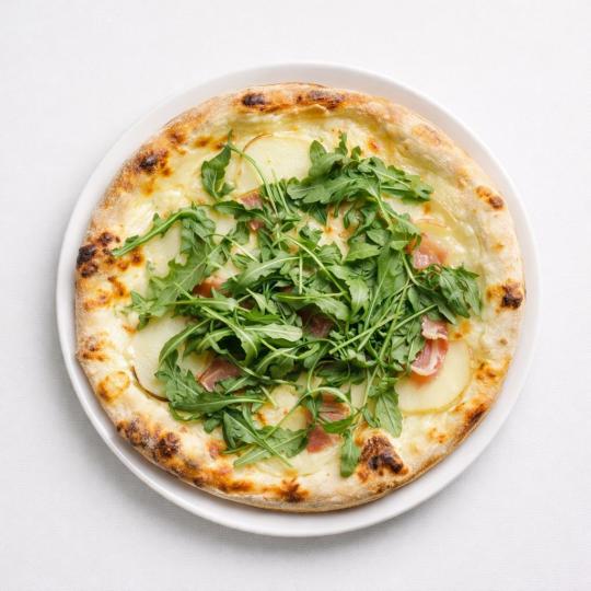 Prosciutto, Pear, Caramelized Onions, Rocket & Ricotta Pizza